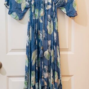 Blue Green Ruffled Off Shoulder High Low Sundress